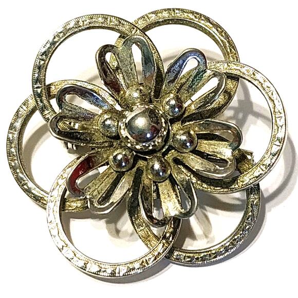 Vintage 1960s Floral & Entwined Etched Circle Rings Silver Tone Brooch Scarf Pin - Picture 6 of 7
